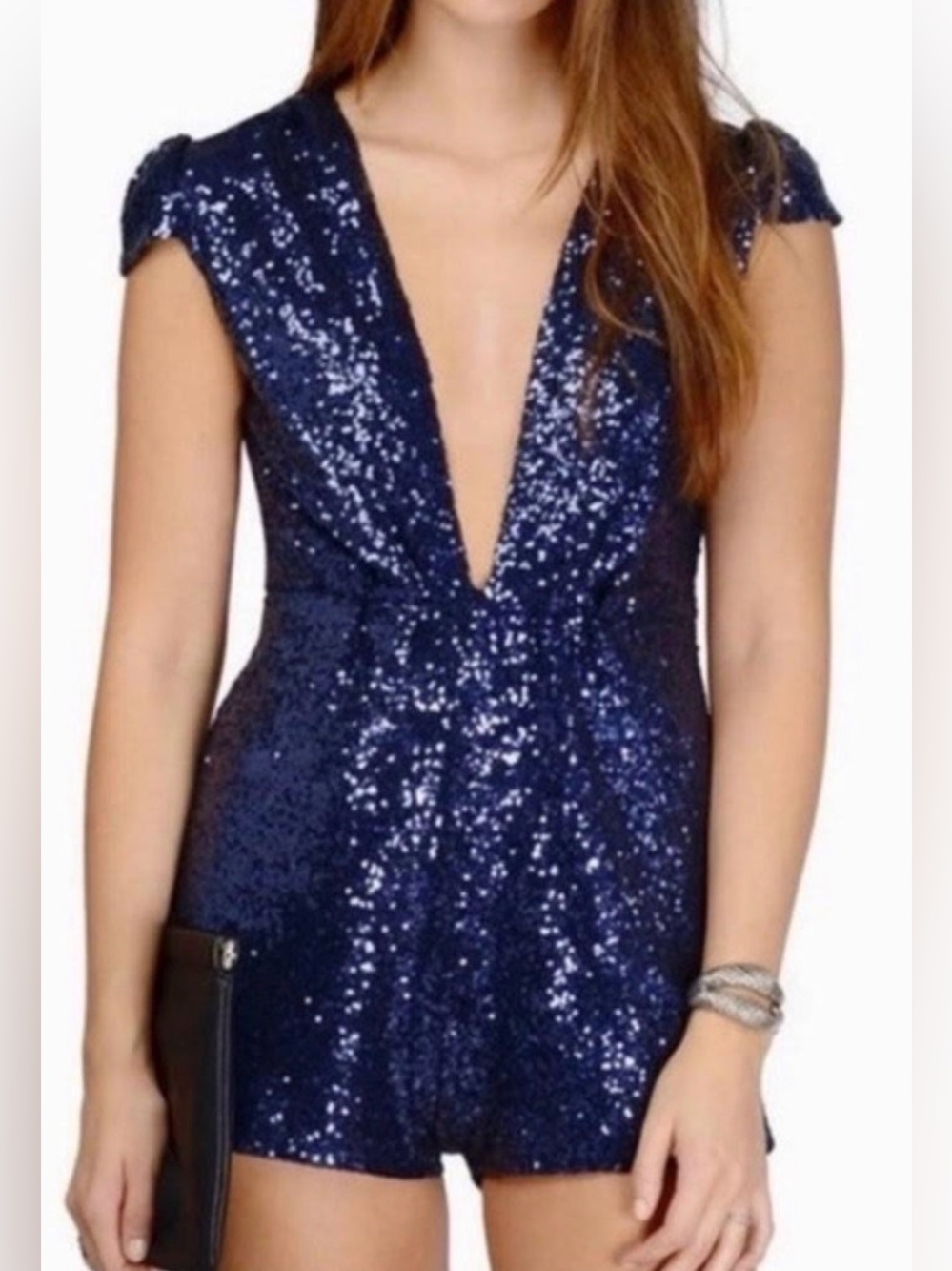 Tobi Navy Sequin Deep V Mini Romper size S